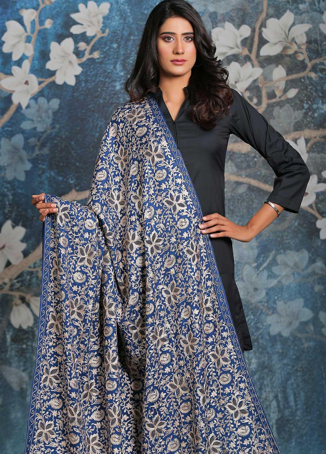 Sanaulla Exclusive Range Embroidered Pashmina  Shawl SU21PP AKP-24 Blue - Pure Pashmina Shawls