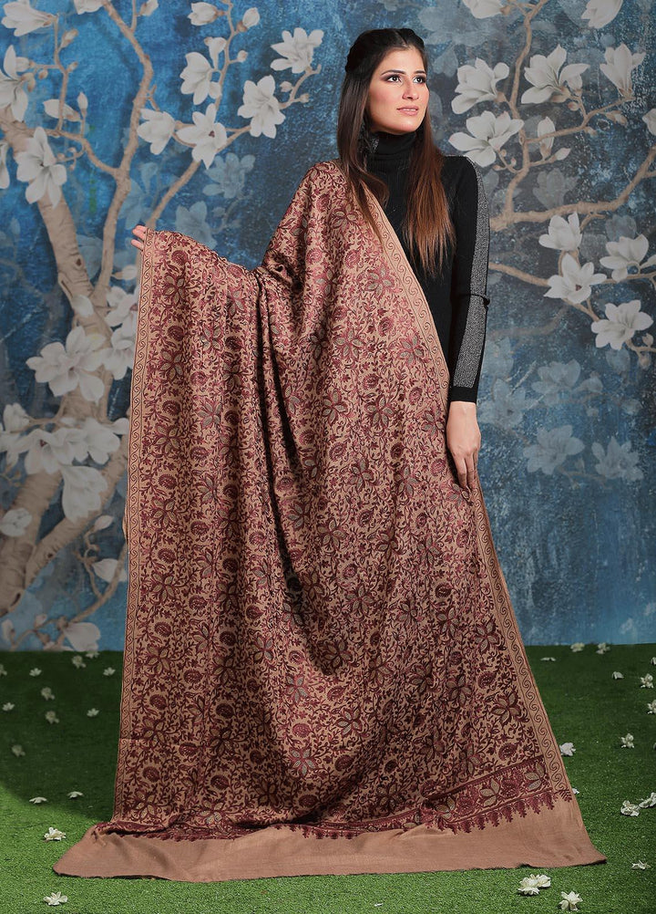 Sanaulla Exclusive Range Embroidered Pashmina  Shawl AKP-24 Brown-2 - Pashmina Shawls
