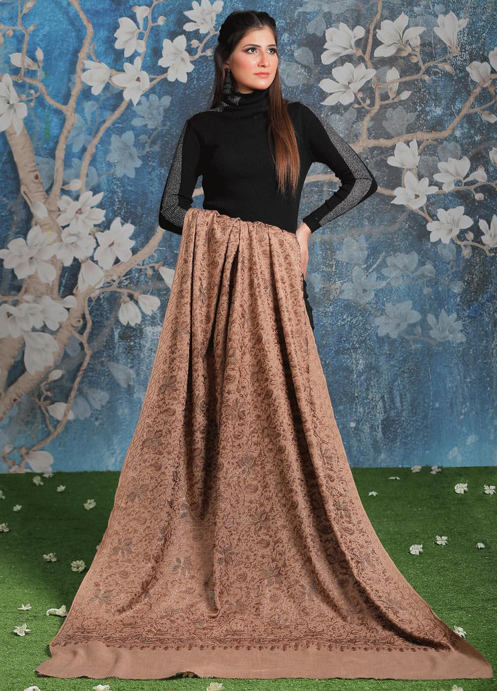 Sanaulla Exclusive Range Embroidered Pashmina  Shawl AKP-24 Brown-3 - Pashmina Shawls