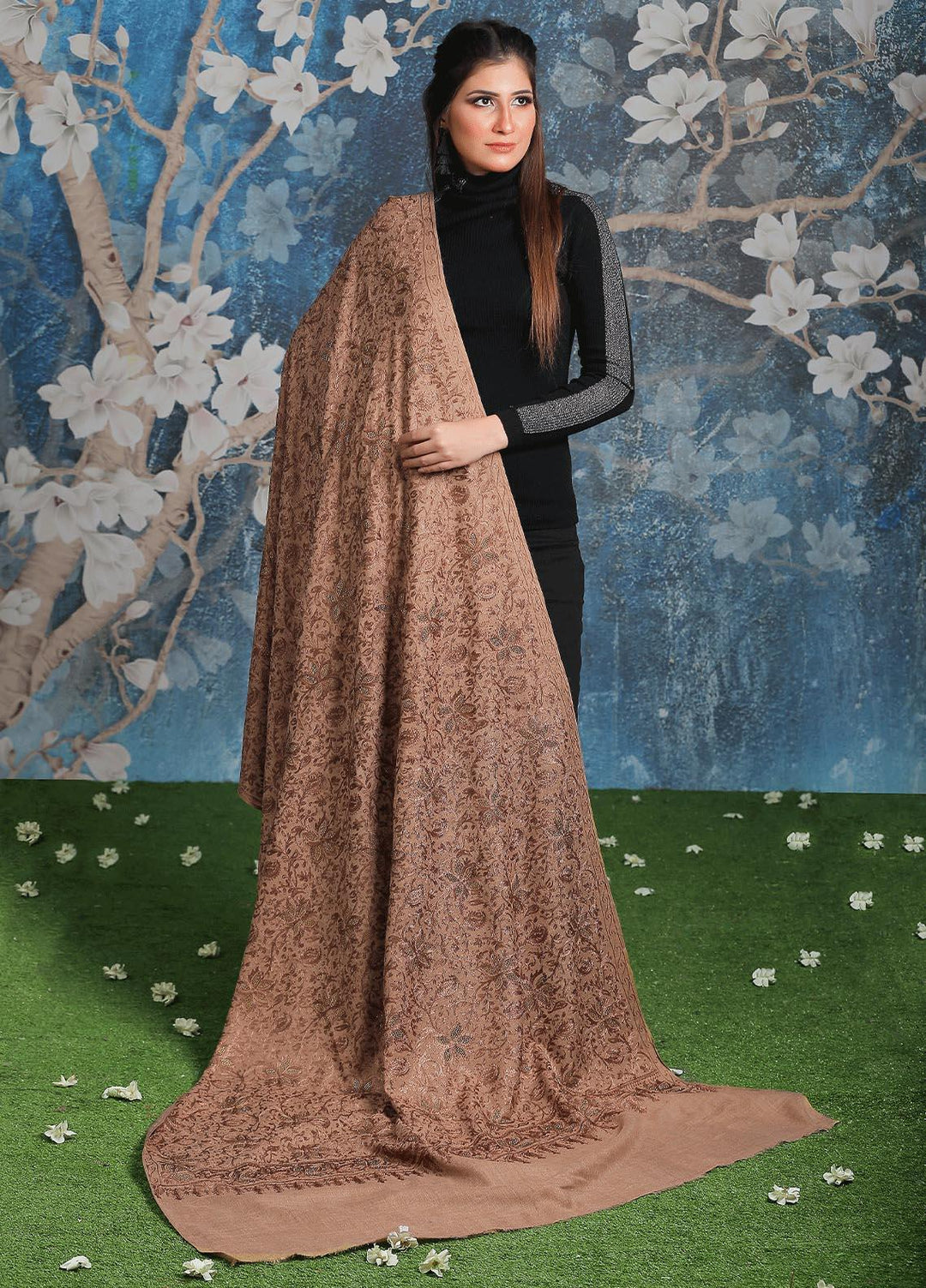 Sanaulla Exclusive Range Embroidered Pashmina  Shawl AKP-24 Brown-3 - Pashmina Shawls