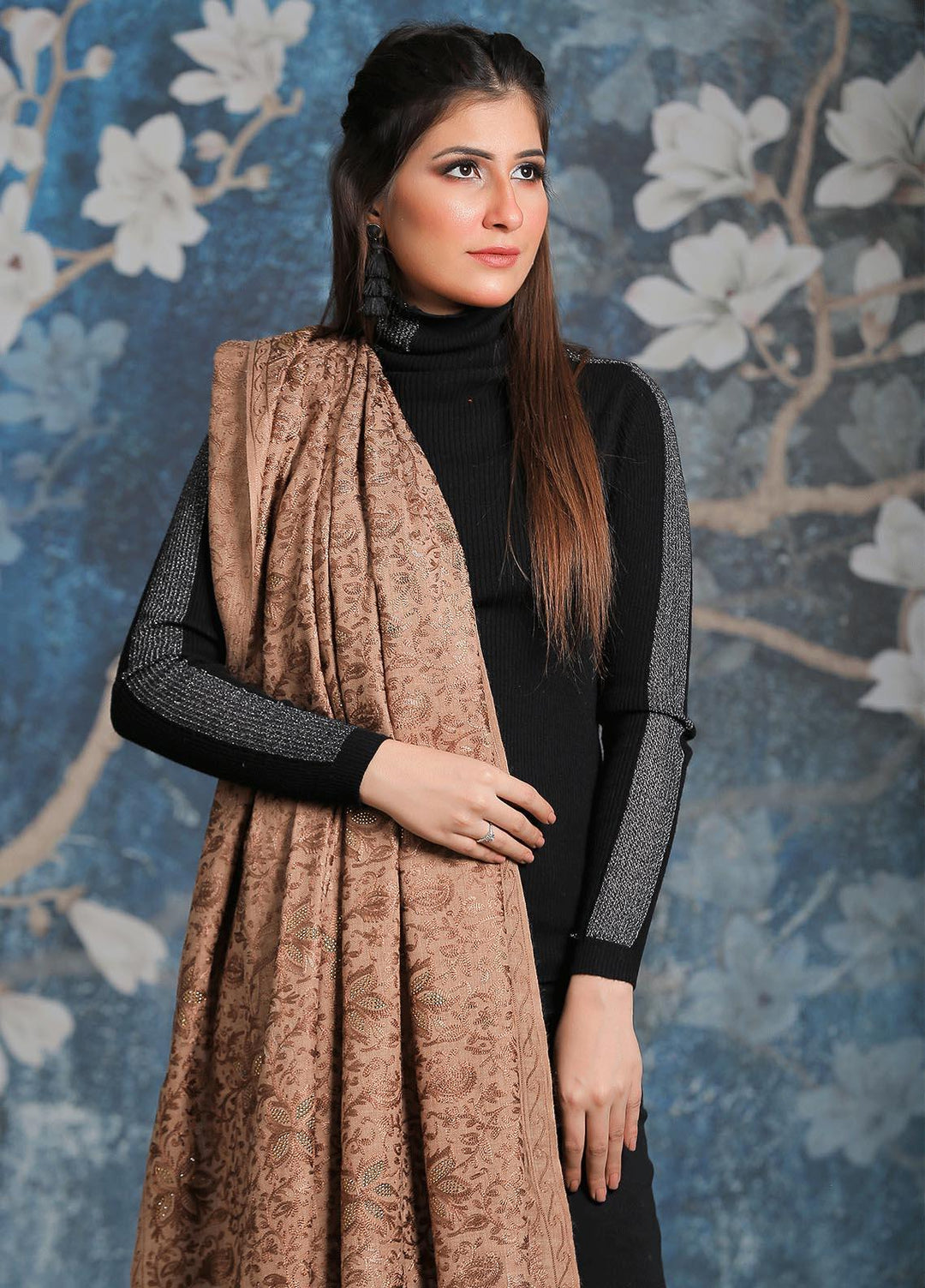 Sanaulla Exclusive Range Embroidered Pashmina  Shawl AKP-24 Brown-3 - Pashmina Shawls