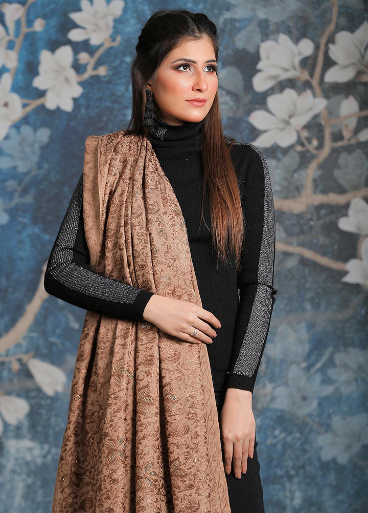 Sanaulla Exclusive Range Embroidered Pashmina  Shawl AKP-24 Brown-3 - Pashmina Shawls