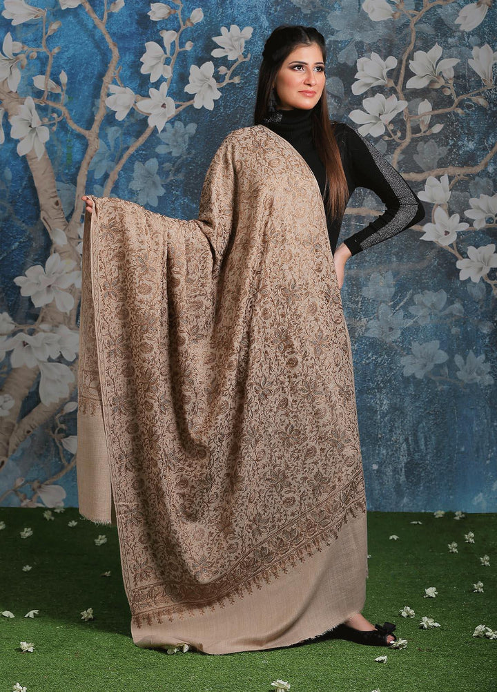 Sanaulla Exclusive Range Embroidered Pashmina  Shawl AKP-24 Fawn-2 - Pashmina Shawls