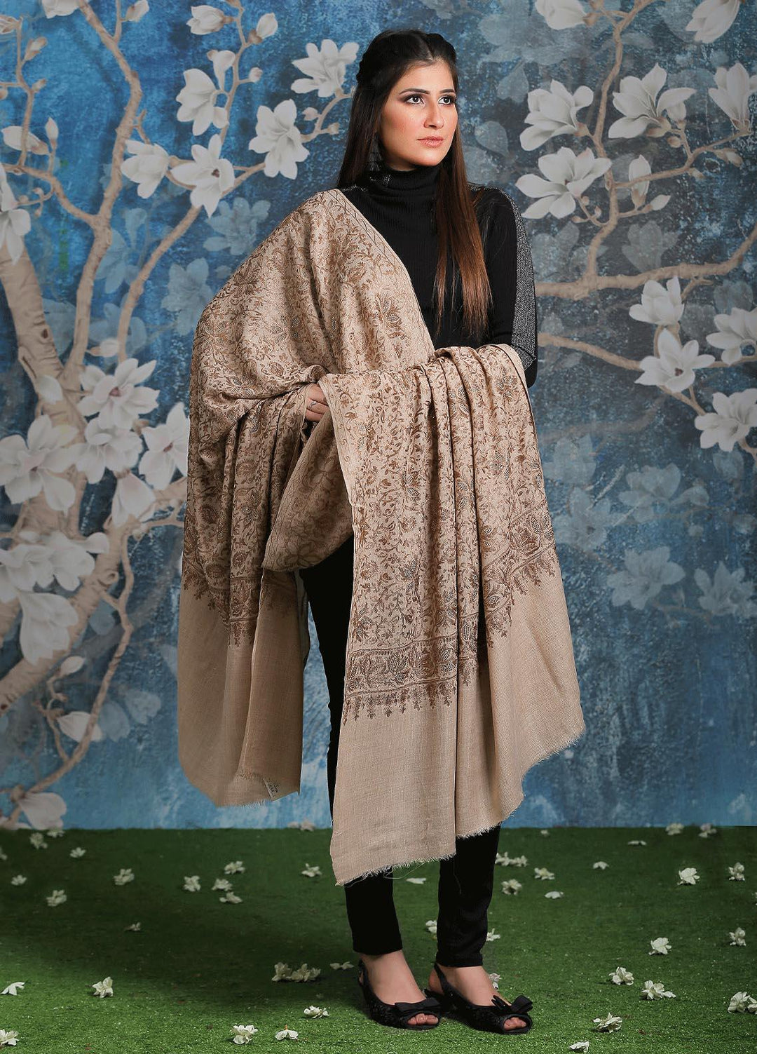 Sanaulla Exclusive Range Embroidered Pashmina  Shawl AKP-24 Fawn-2 - Pashmina Shawls