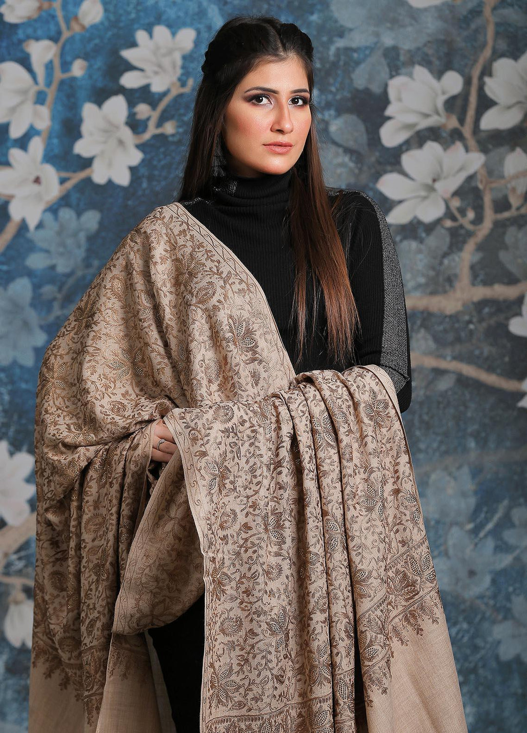 Sanaulla Exclusive Range Embroidered Pashmina  Shawl AKP-24 Fawn-2 - Pashmina Shawls