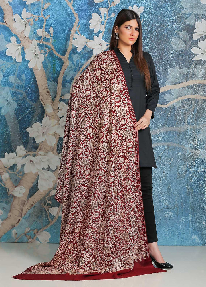 Sanaulla Exclusive Range Embroidered Pashmina  Shawl SU21PP AKP-24 Maroon - Pure Pashmina Shawls