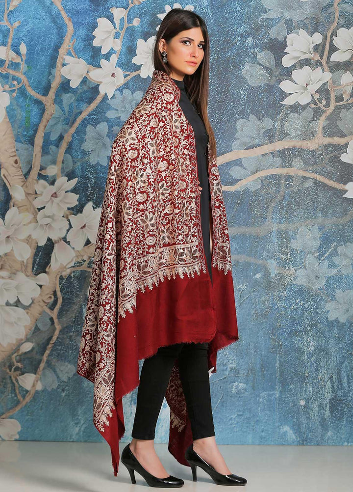 Sanaulla Exclusive Range Embroidered Pashmina  Shawl SU21PP AKP-24 Maroon - Pure Pashmina Shawls