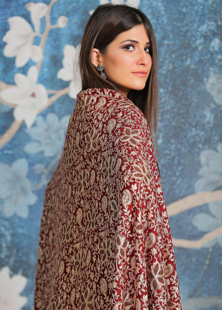Sanaulla Exclusive Range Embroidered Pashmina  Shawl SU21PP AKP-24 Maroon - Pure Pashmina Shawls