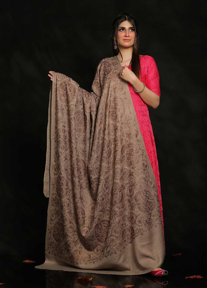 Sanaulla Exclusive Range Embroidered Pashmina  Shawl AKP-25 Brown-2 - Pashmina Shawls