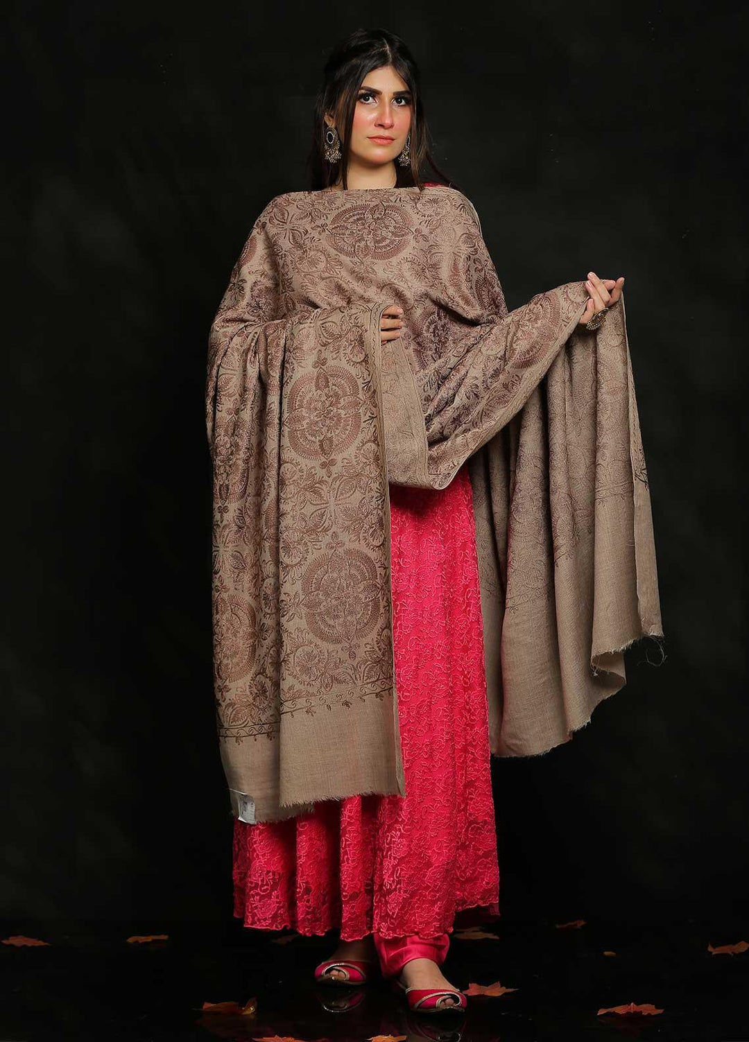 Sanaulla Exclusive Range Embroidered Pashmina  Shawl AKP-25 Brown-2 - Pashmina Shawls