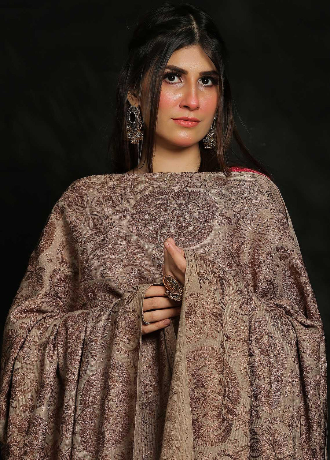 Sanaulla Exclusive Range Embroidered Pashmina  Shawl AKP-25 Brown-2 - Pashmina Shawls