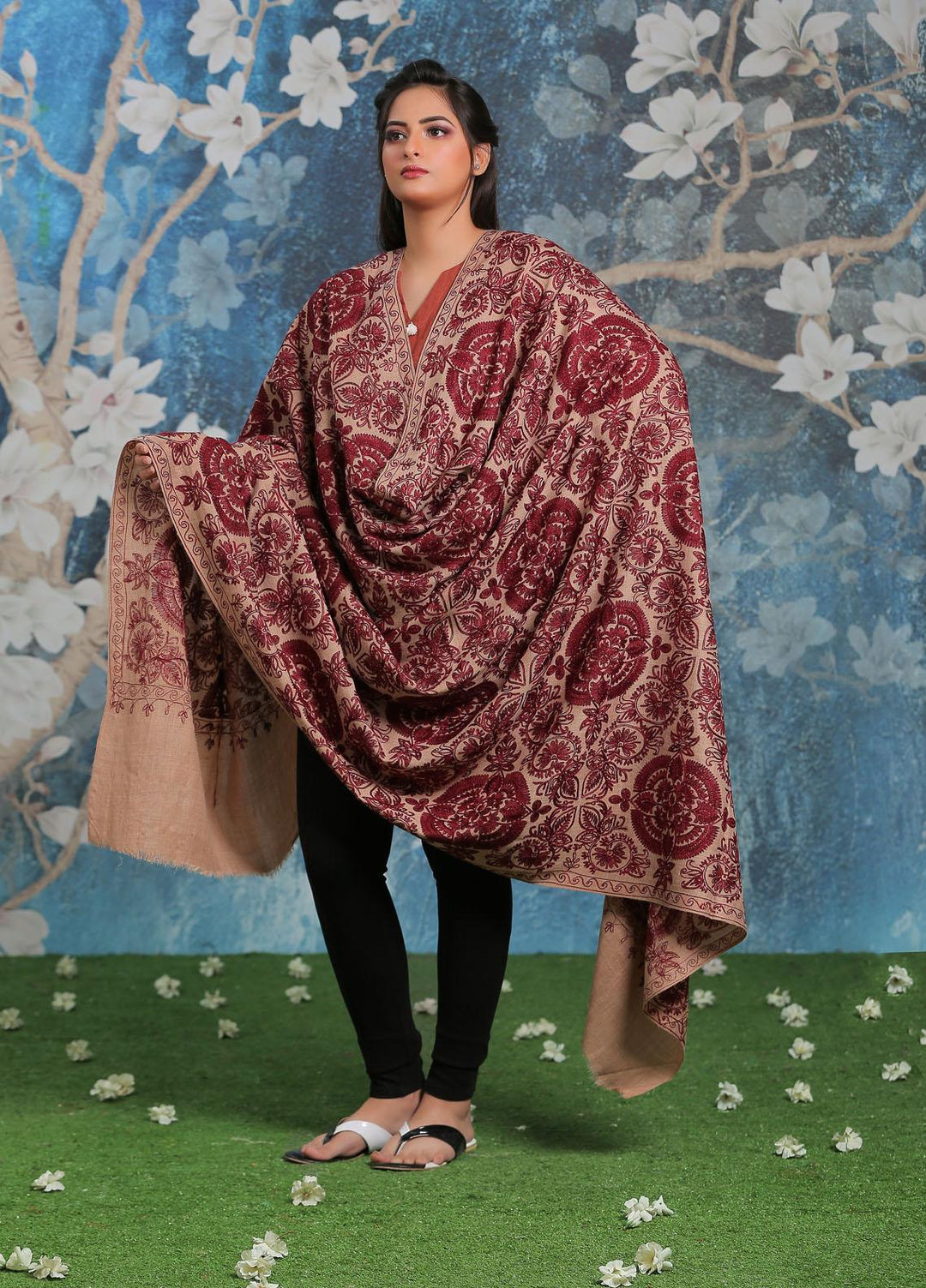 Sanaulla Exclusive Range Embroidered Pashmina  Shawl SU21PP AKP-25 Brown-4 - Pure Pashmina Shawls