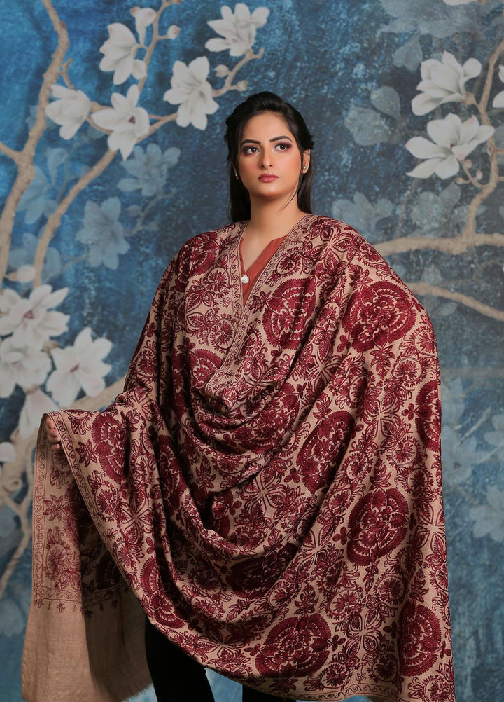 Sanaulla Exclusive Range Embroidered Pashmina  Shawl SU21PP AKP-25 Brown-4 - Pure Pashmina Shawls