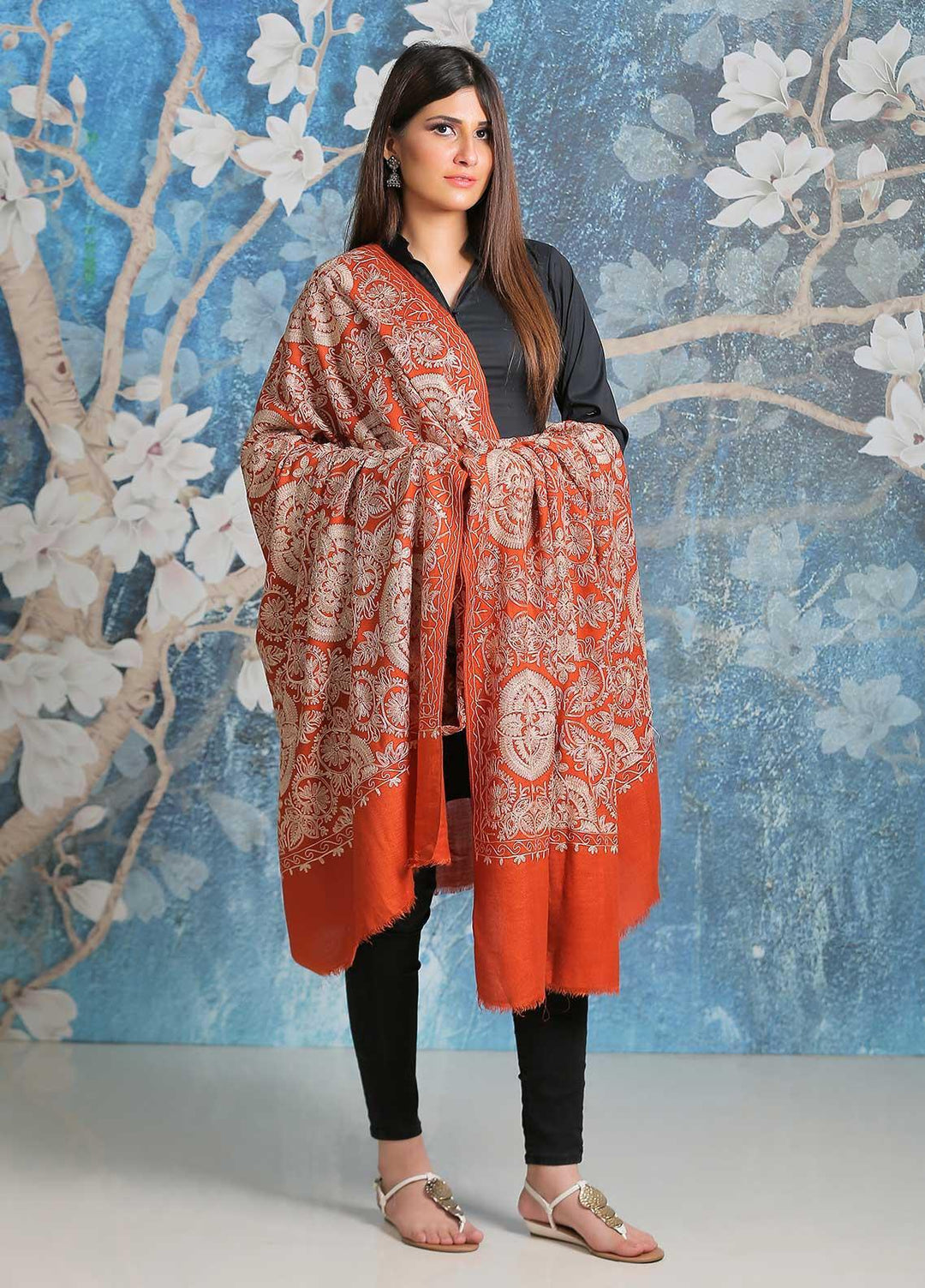 Sanaulla Exclusive Range Embroidered Pashmina  Shawl SU21PP AKP-25 Orange - Pure Pashmina Shawls