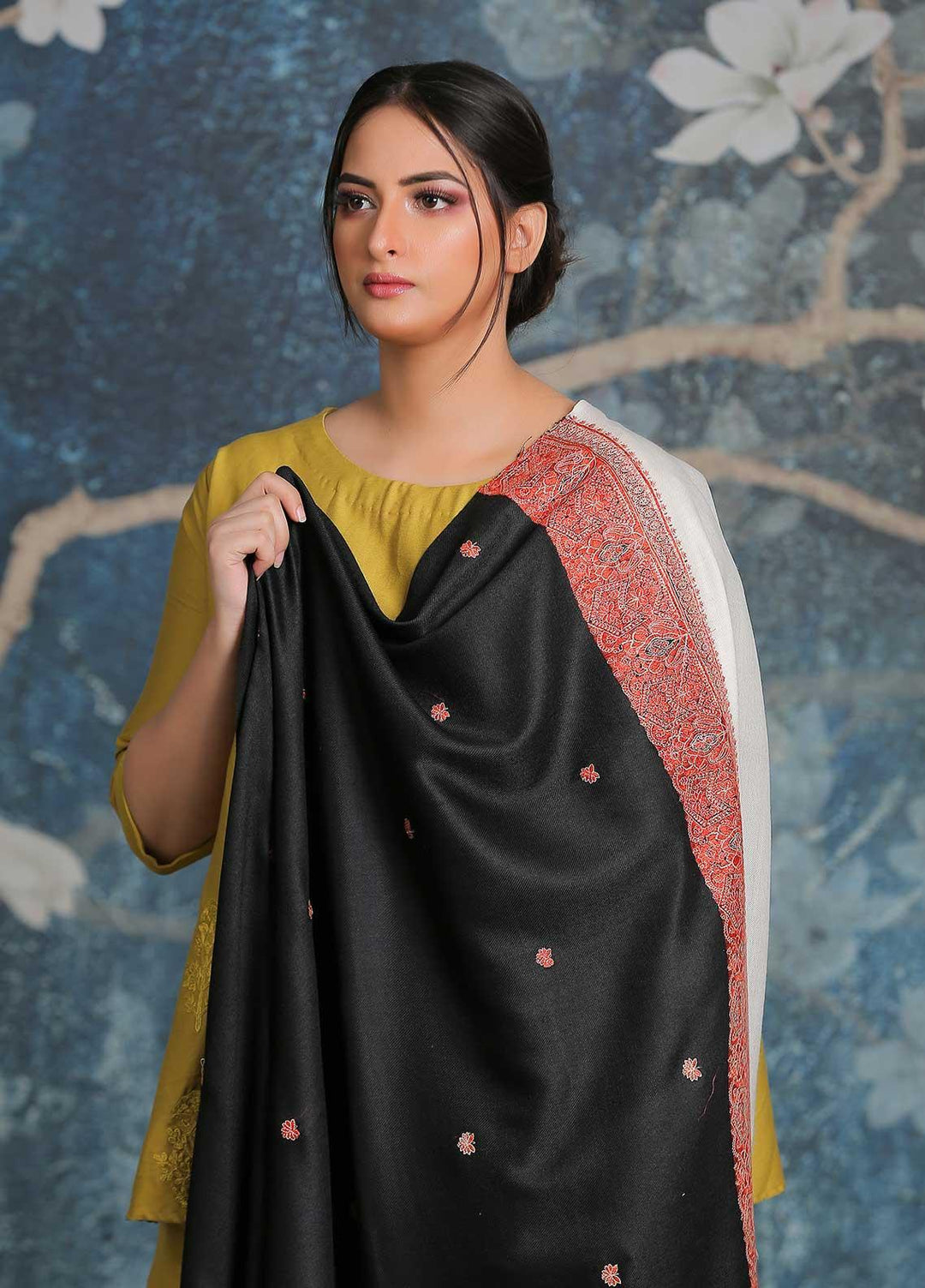 Sanaulla Exclusive Range Embroidered Pashmina  Shawl AKP-26 Black-2 - Pashmina Shawls