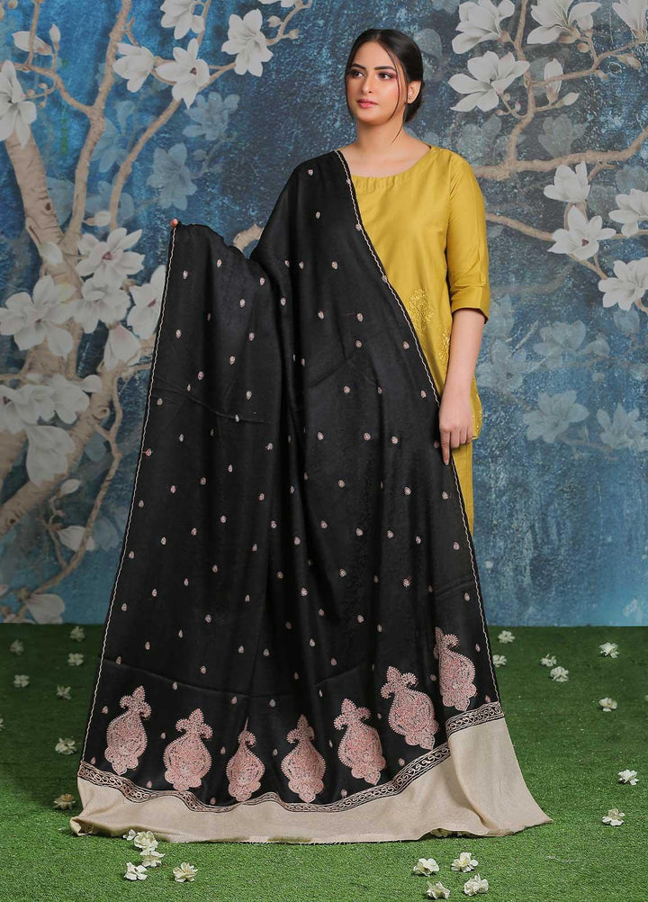 Sanaulla Exclusive Range Embroidered Pashmina  Shawl AKP-26 Black-3 - Pashmina Shawls