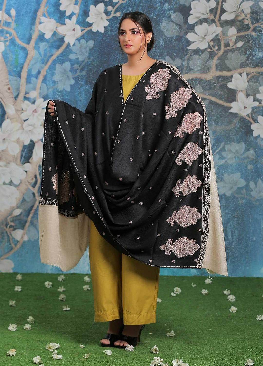 Sanaulla Exclusive Range Embroidered Pashmina  Shawl AKP-26 Black-3 - Pashmina Shawls