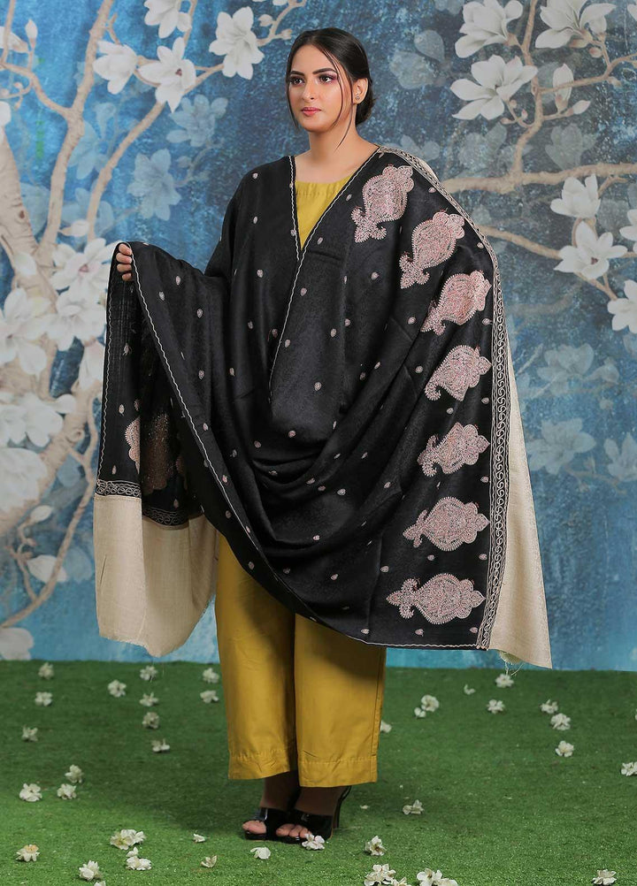 Sanaulla Exclusive Range Embroidered Pashmina  Shawl AKP-26 Black-3 - Pashmina Shawls
