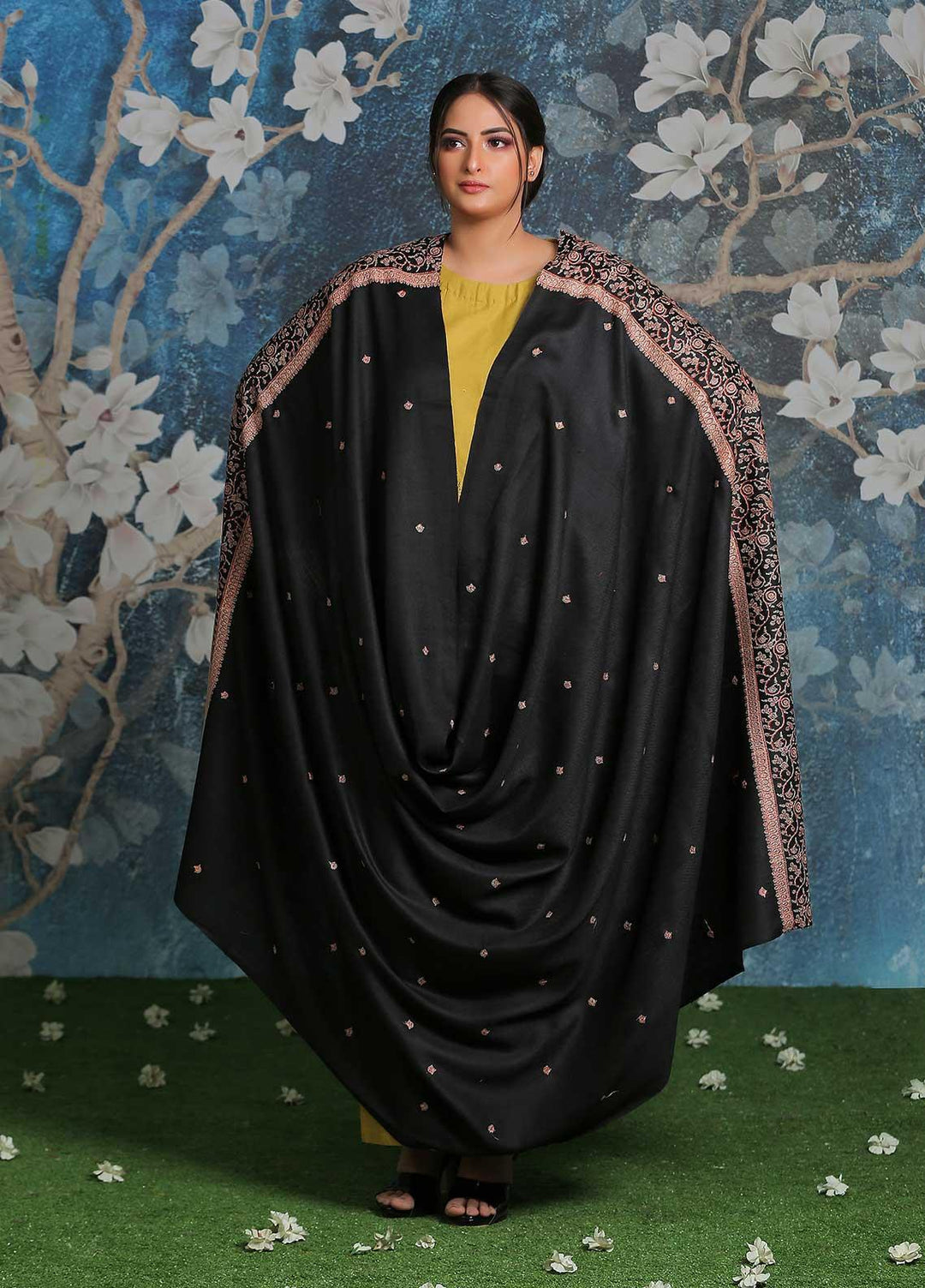 Sanaulla Exclusive Range Embroidered Pashmina  Shawl AKP-26 Black-6 - Pashmina Shawls