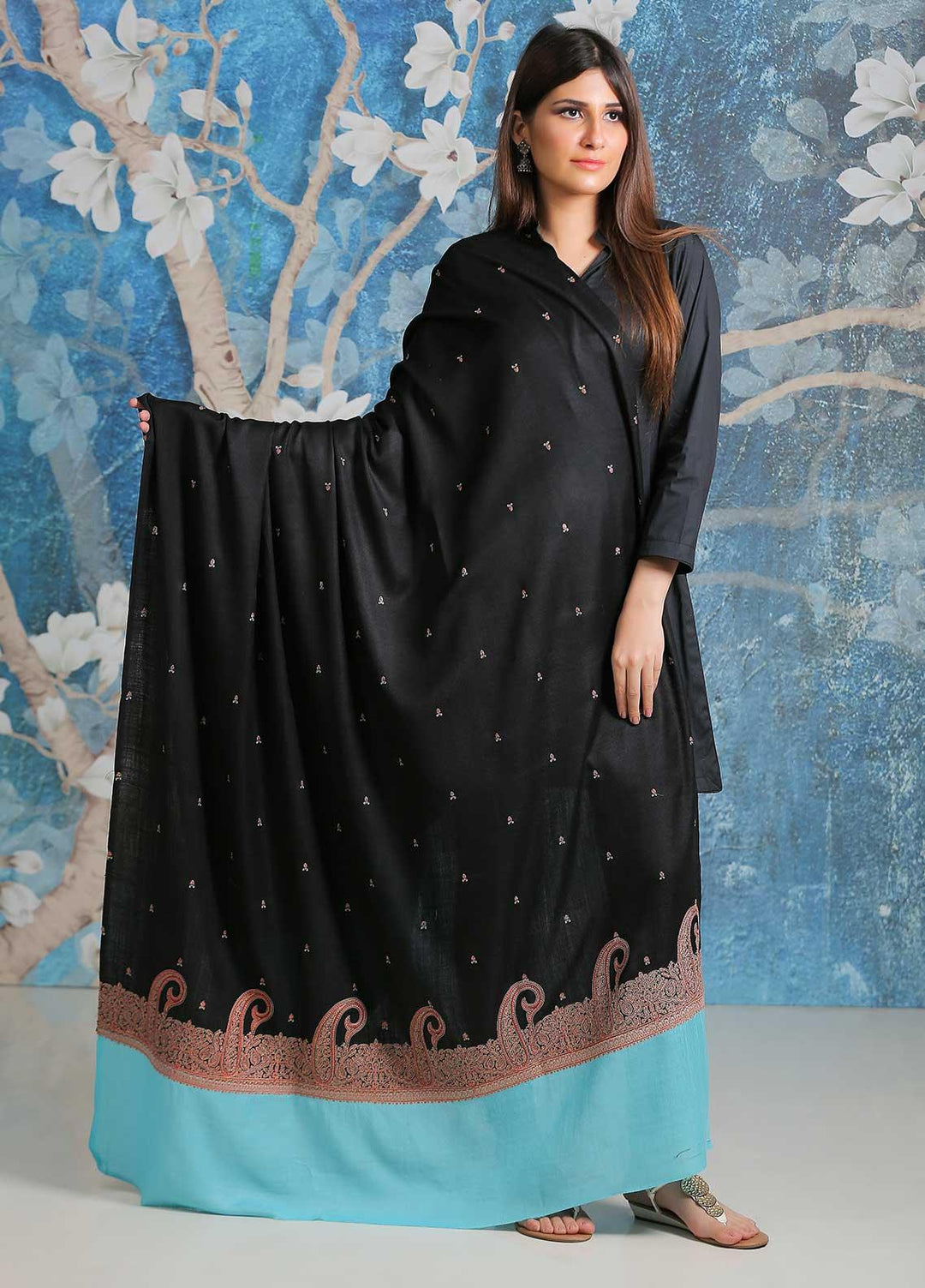 Sanaulla Exclusive Range Embroidered Pashmina  Shawl SU21PP AKP-26 Ferozi - Pure Pashmina Shawls
