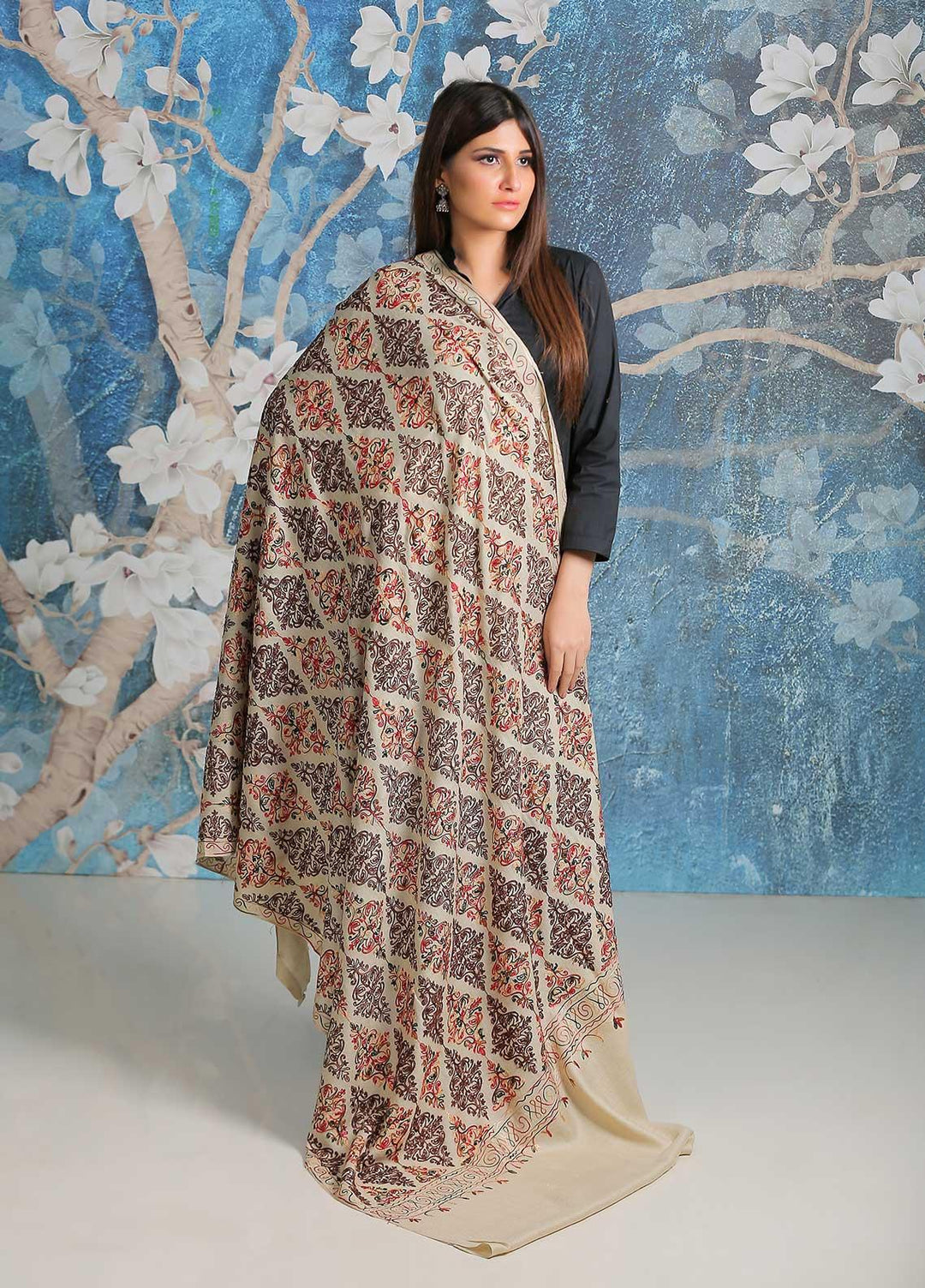 Sanaulla Exclusive Range Embroidered Pashmina  Shawl SU21PP AKP-27 Fawn-1 - Pure Pashmina Shawls