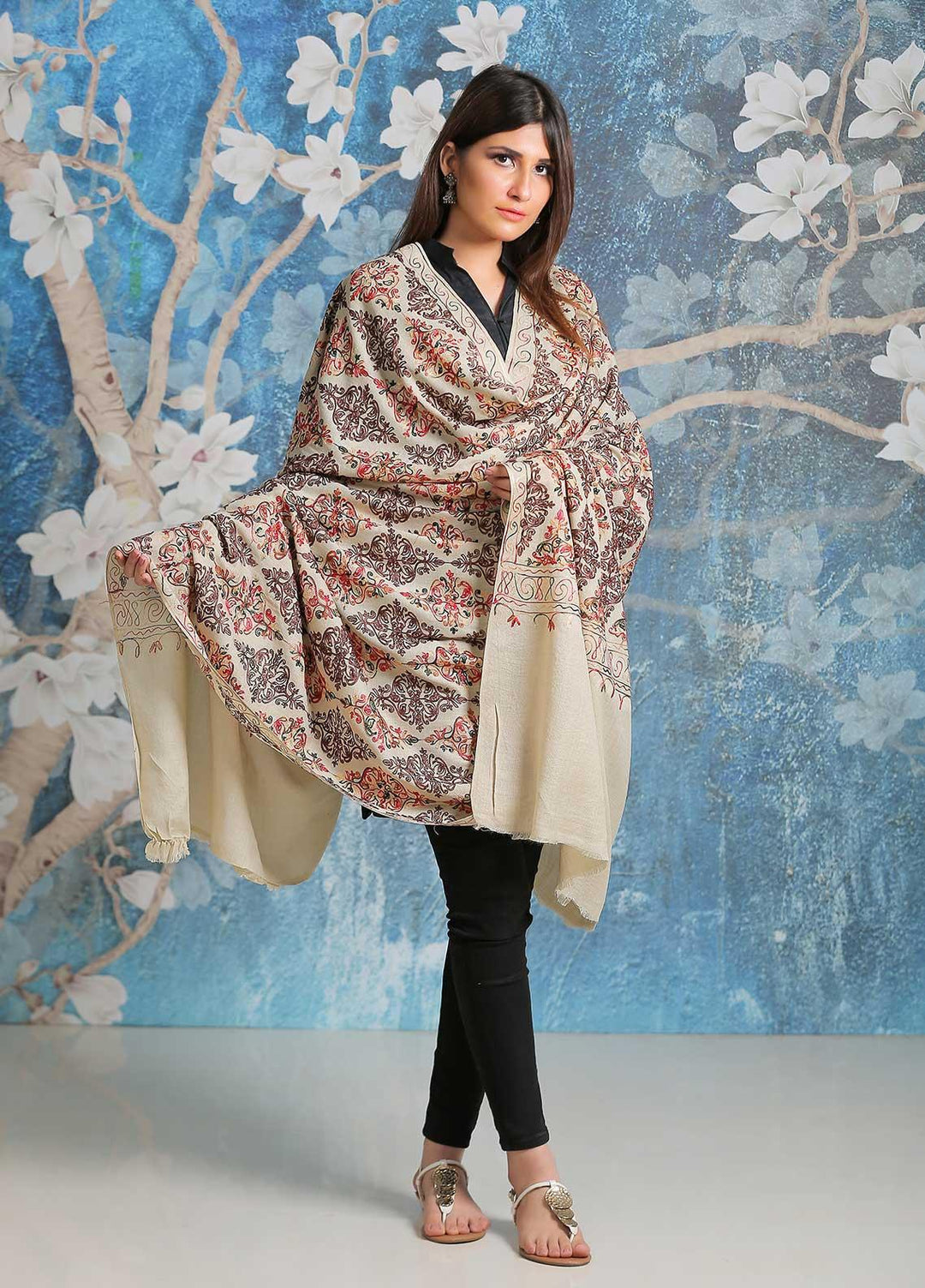 Sanaulla Exclusive Range Embroidered Pashmina  Shawl SU21PP AKP-27 Fawn-1 - Pure Pashmina Shawls