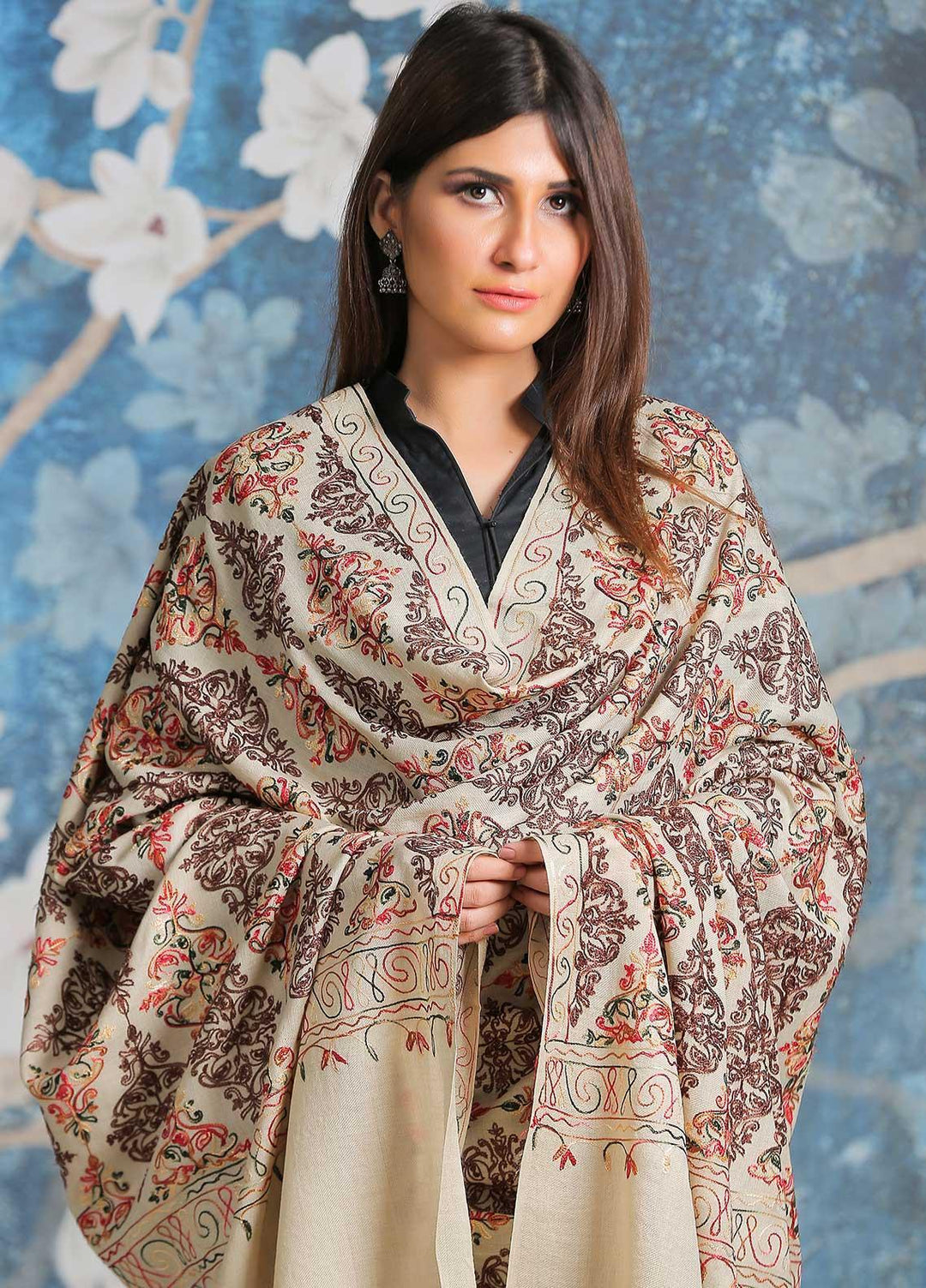 Sanaulla Exclusive Range Embroidered Pashmina  Shawl SU21PP AKP-27 Fawn-1 - Pure Pashmina Shawls