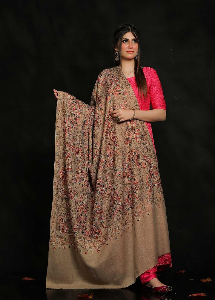 Sanaulla Exclusive Range Embroidered Pashmina  Shawl AKP-27 Fawn-7 - Pashmina Shawls