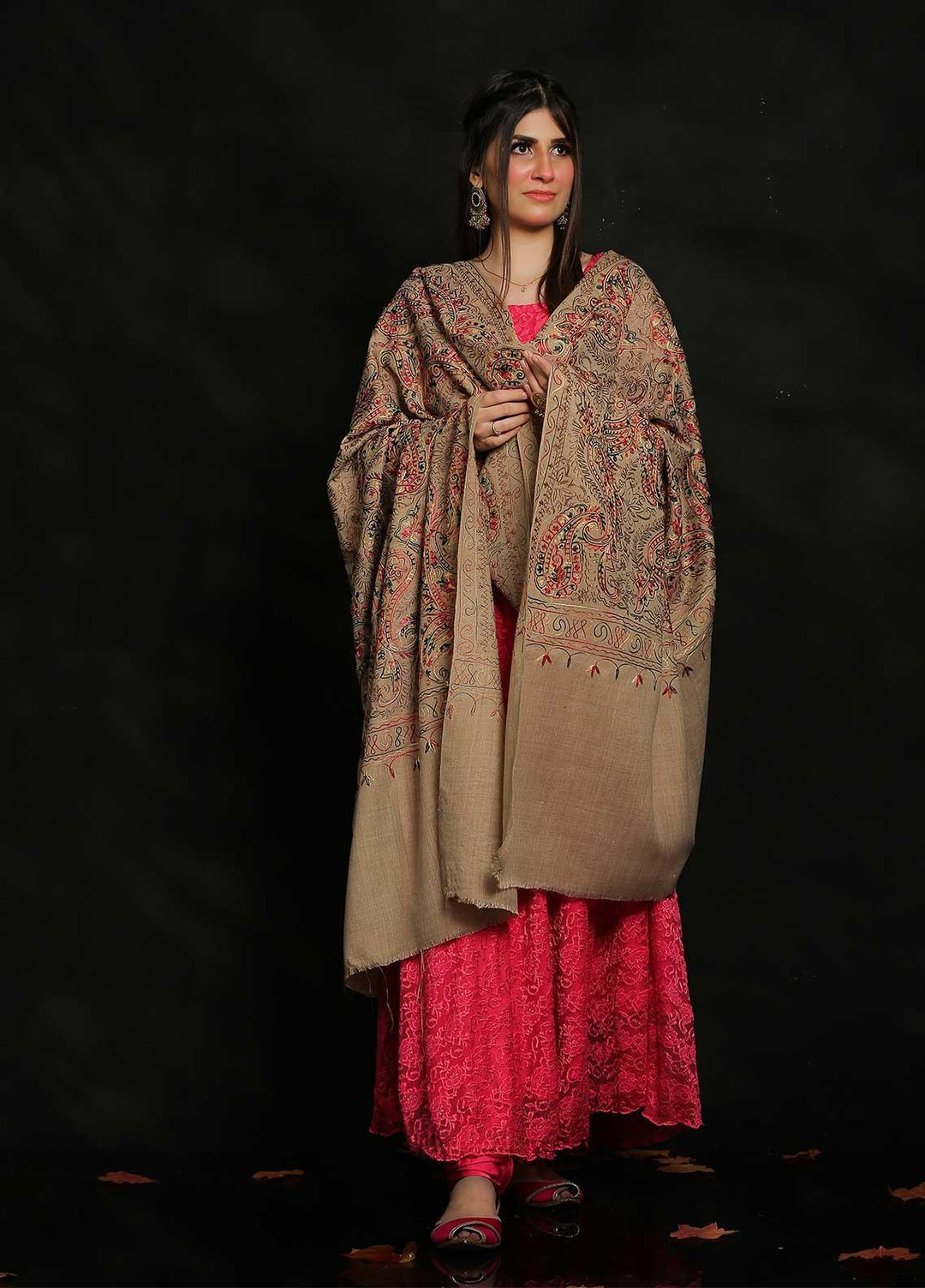 Sanaulla Exclusive Range Embroidered Pashmina  Shawl AKP-27 Fawn-7 - Pashmina Shawls