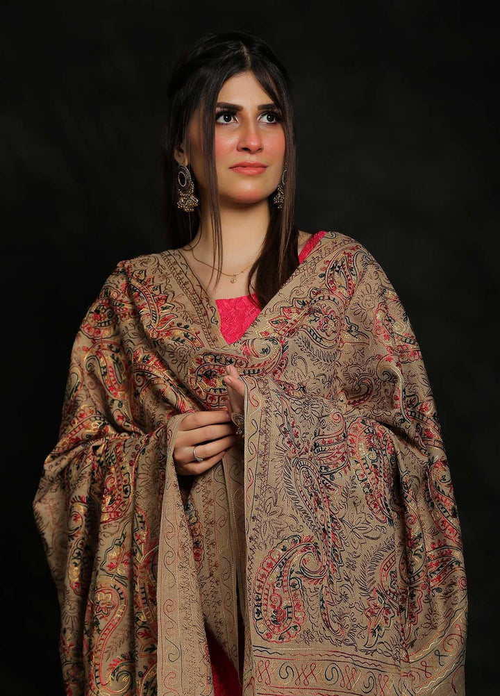 Sanaulla Exclusive Range Embroidered Pashmina  Shawl AKP-27 Fawn-7 - Pashmina Shawls