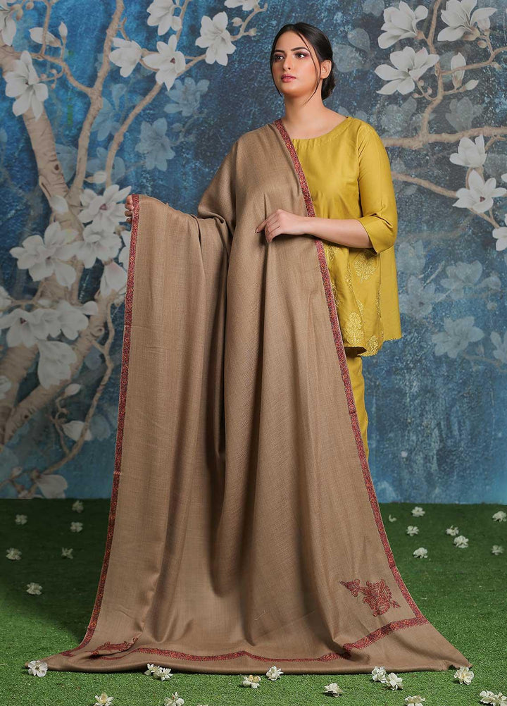 Sanaulla Exclusive Range Embroidered Pashmina  Shawl AKP-29 Brown-3 - Pashmina Shawls