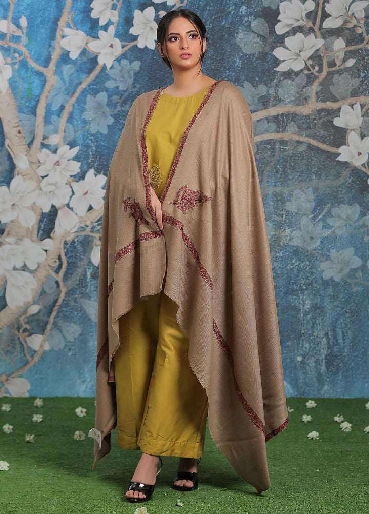 Sanaulla Exclusive Range Embroidered Pashmina  Shawl AKP-29 Brown-3 - Pashmina Shawls