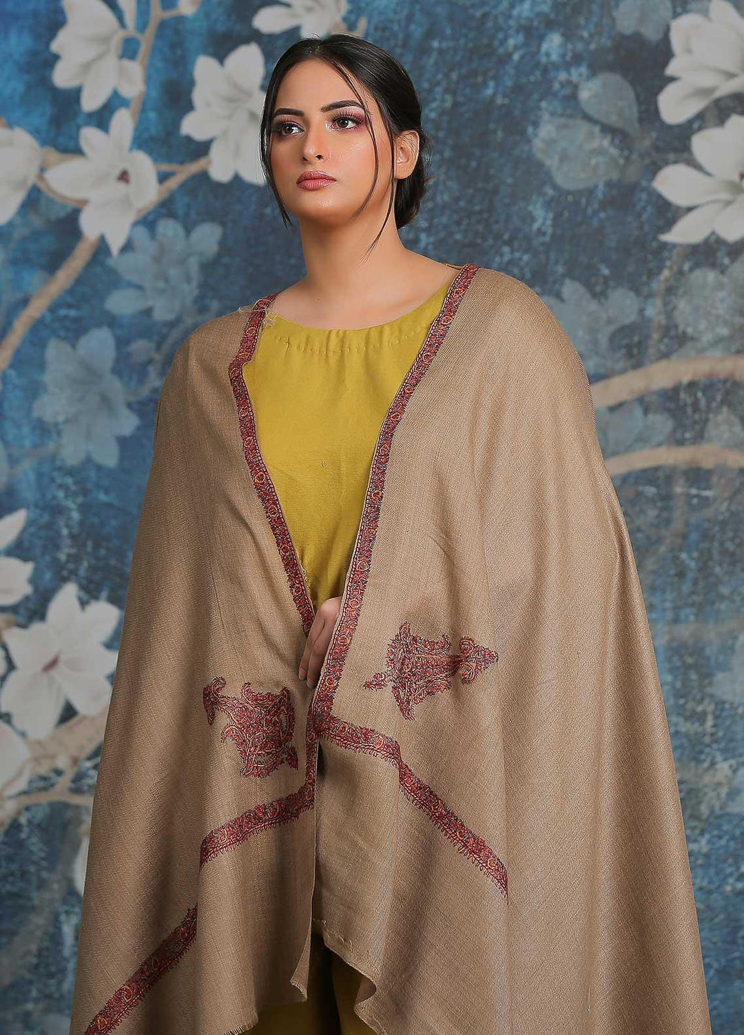 Sanaulla Exclusive Range Embroidered Pashmina  Shawl AKP-29 Brown-3 - Pashmina Shawls