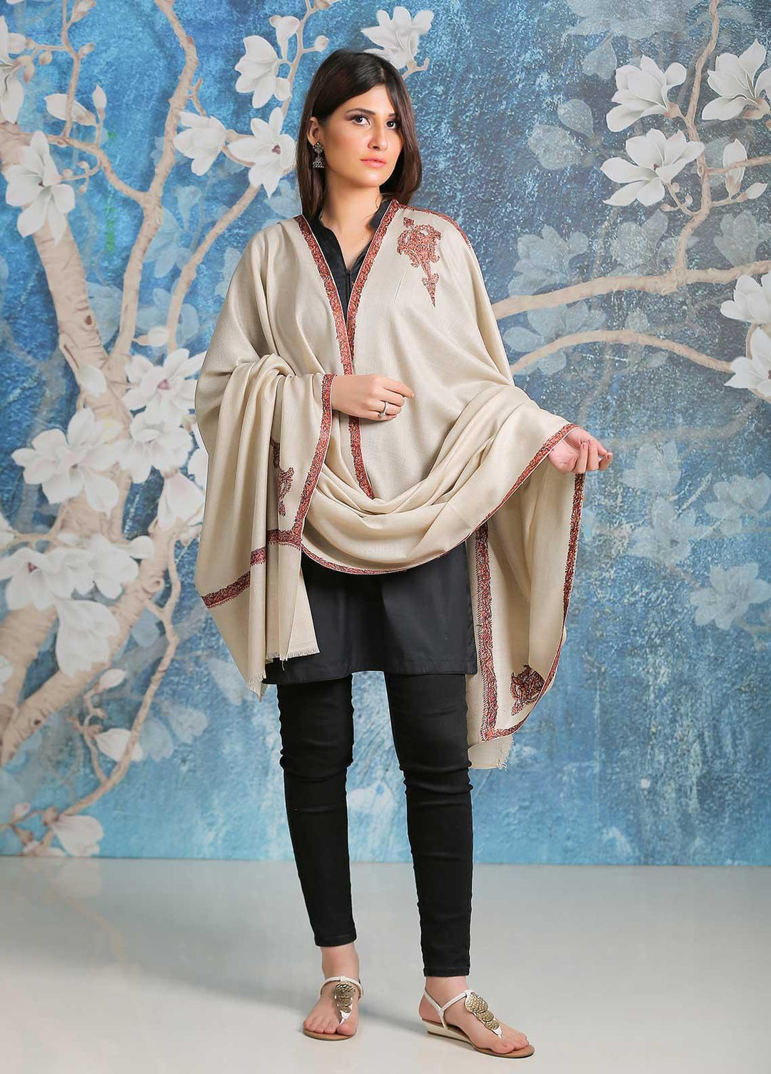 Sanaulla Exclusive Range Embroidered Pashmina  Shawl SU21PP AKP-29 Fawn-1 - Pure Pashmina Shawls