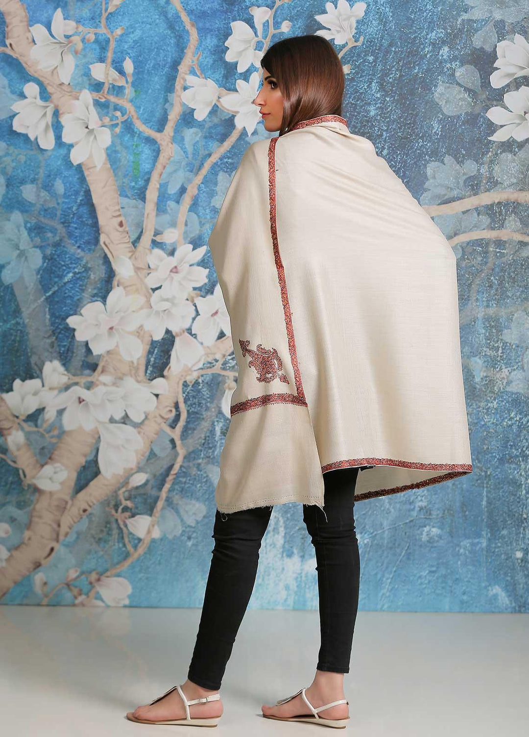 Sanaulla Exclusive Range Embroidered Pashmina  Shawl SU21PP AKP-29 Fawn-1 - Pure Pashmina Shawls