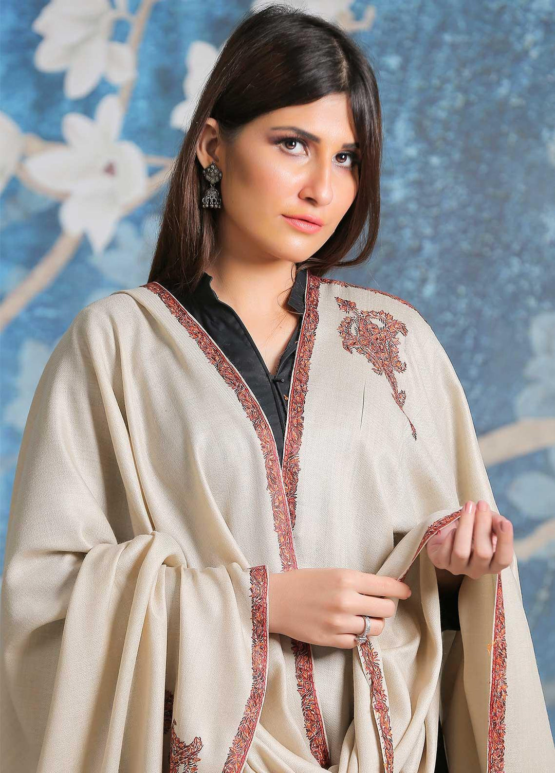 Sanaulla Exclusive Range Embroidered Pashmina  Shawl SU21PP AKP-29 Fawn-1 - Pure Pashmina Shawls