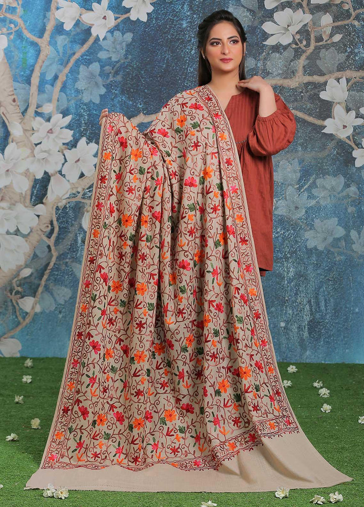 Sanaulla Exclusive Range Embroidered Pashmina  Shawl SU21PP AKP-30 Brown-6 - Pure Pashmina Shawls