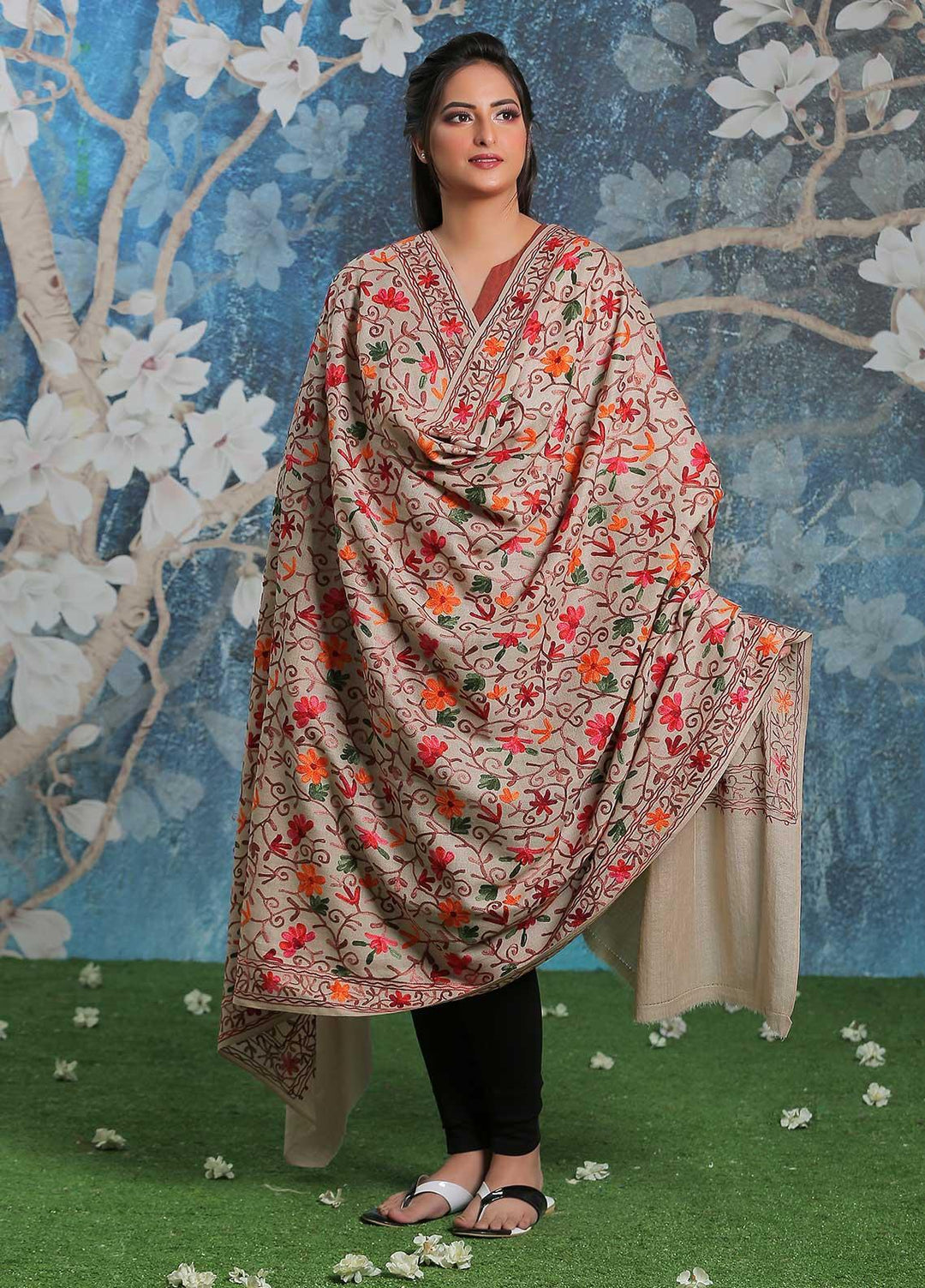 Sanaulla Exclusive Range Embroidered Pashmina  Shawl SU21PP AKP-30 Brown-6 - Pure Pashmina Shawls