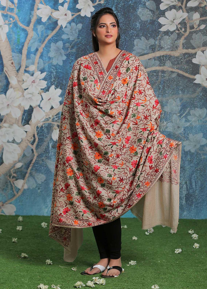 Sanaulla Exclusive Range Embroidered Pashmina  Shawl SU21PP AKP-30 Brown-6 - Pure Pashmina Shawls