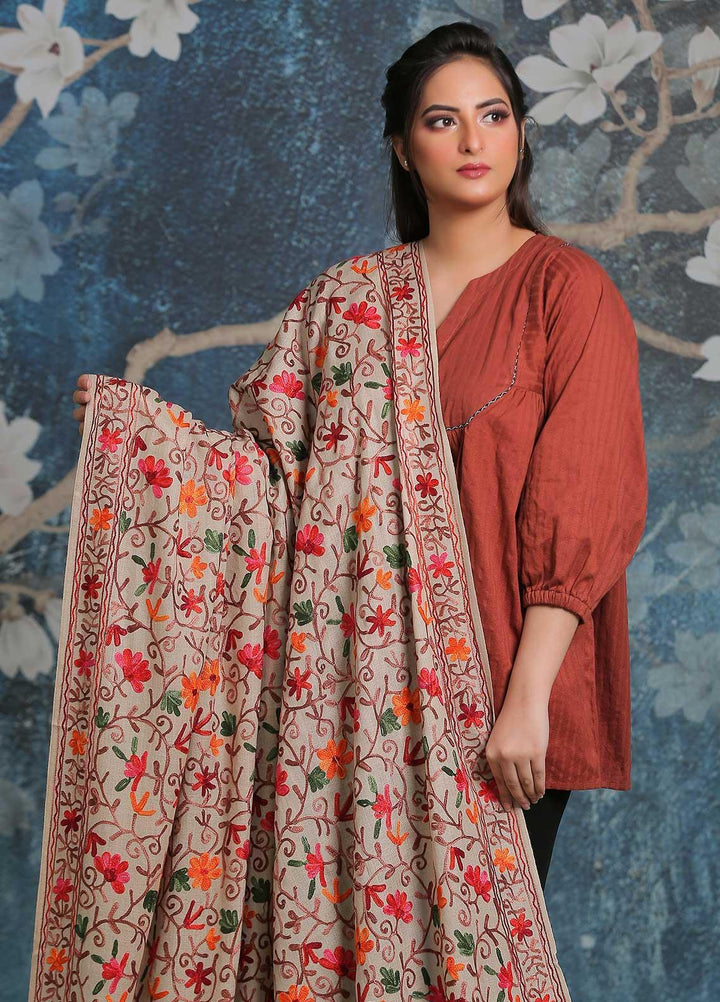 Sanaulla Exclusive Range Embroidered Pashmina  Shawl SU21PP AKP-30 Brown-6 - Pure Pashmina Shawls