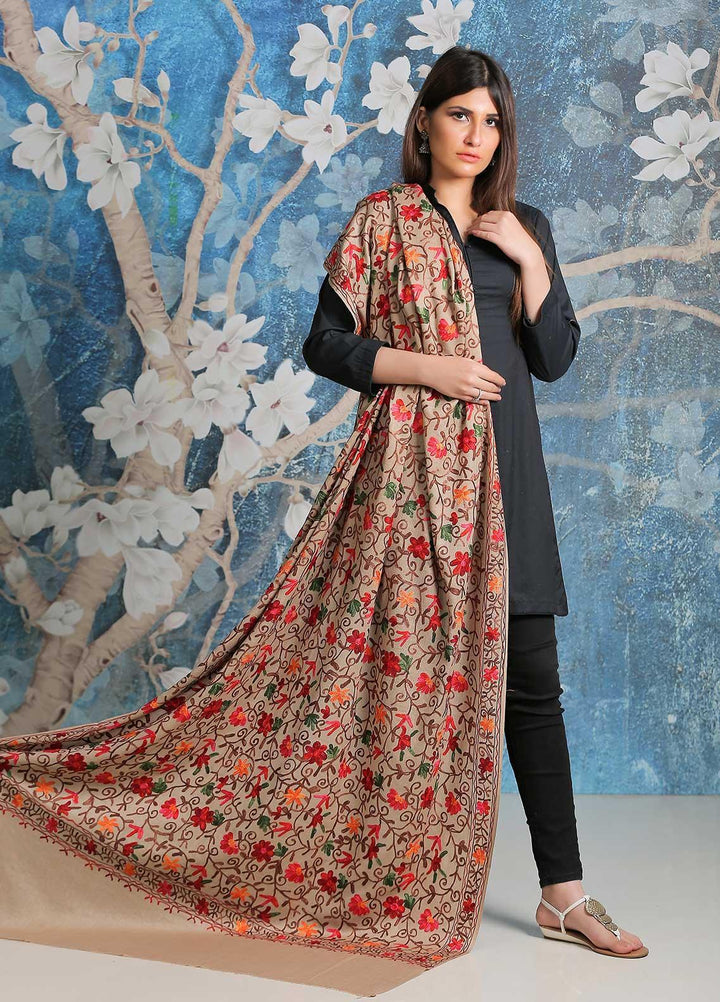 Sanaulla Exclusive Range Embroidered Pashmina  Shawl SU21PP AKP-30 Brown-7 - Pure Pashmina Shawls
