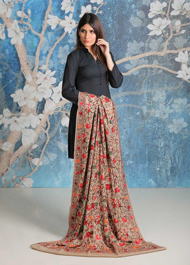Sanaulla Exclusive Range Embroidered Pashmina  Shawl SU21PP AKP-30 Brown-7 - Pure Pashmina Shawls