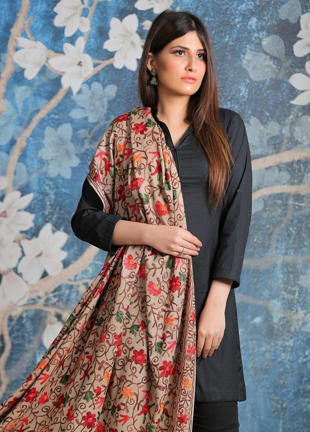 Sanaulla Exclusive Range Embroidered Pashmina  Shawl SU21PP AKP-30 Brown-7 - Pure Pashmina Shawls