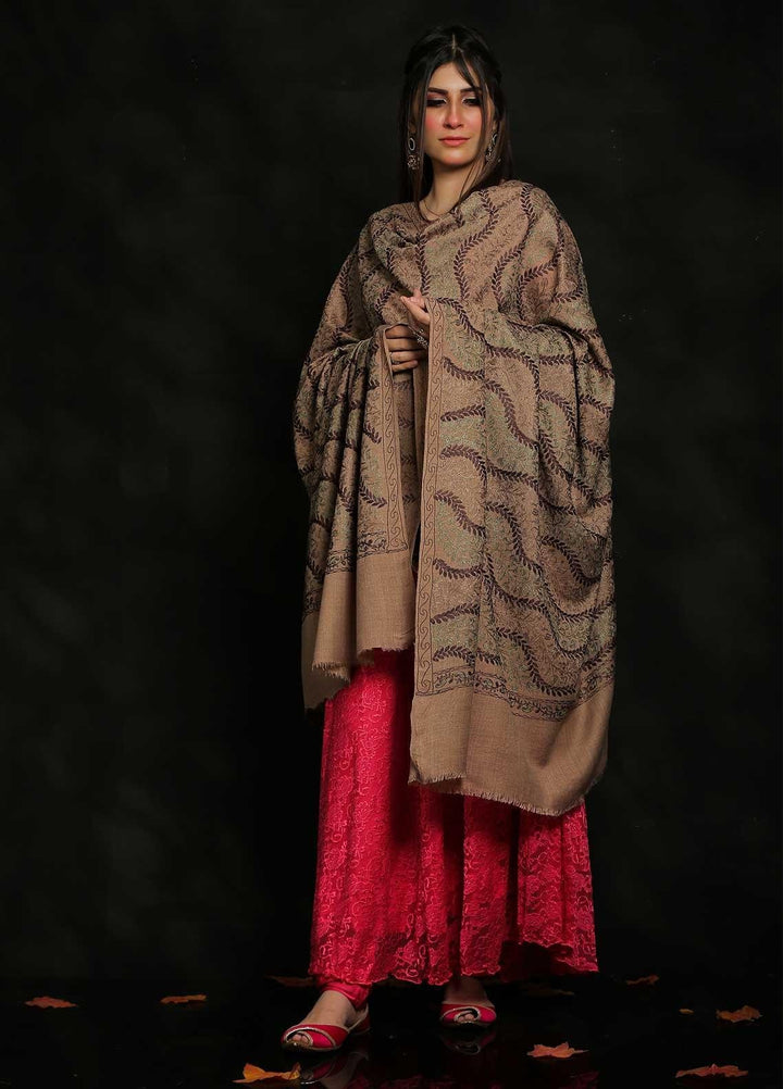 Sanaulla Exclusive Range Embroidered Pashmina  Shawl AKP-31 Brown - Pashmina Shawls