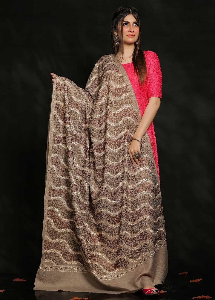 Sanaulla Exclusive Range Embroidered Pashmina  Shawl AKP-31 Fawn-2 - Pashmina Shawls