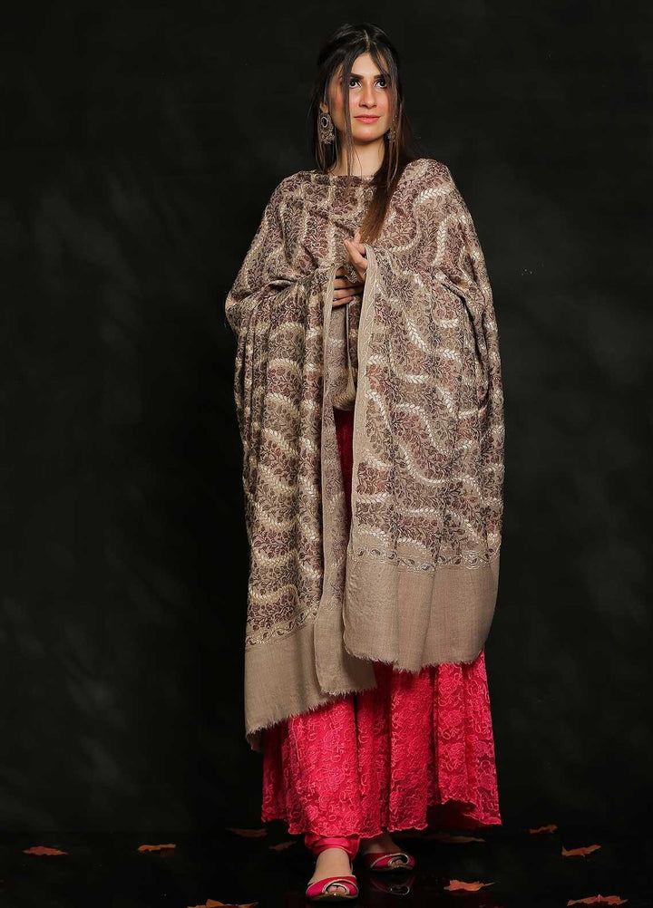 Sanaulla Exclusive Range Embroidered Pashmina  Shawl AKP-31 Fawn-2 - Pashmina Shawls