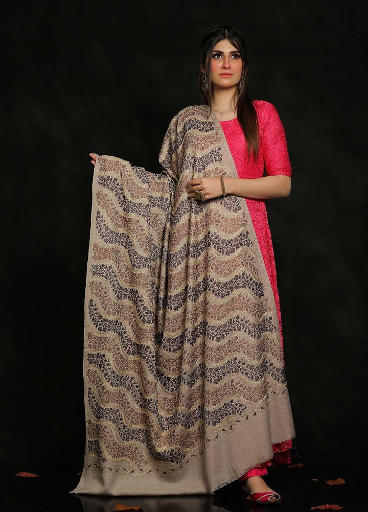 Sanaulla Exclusive Range Embroidered Pashmina  Shawl AKP-31 Fawn-3 - Pashmina Shawls