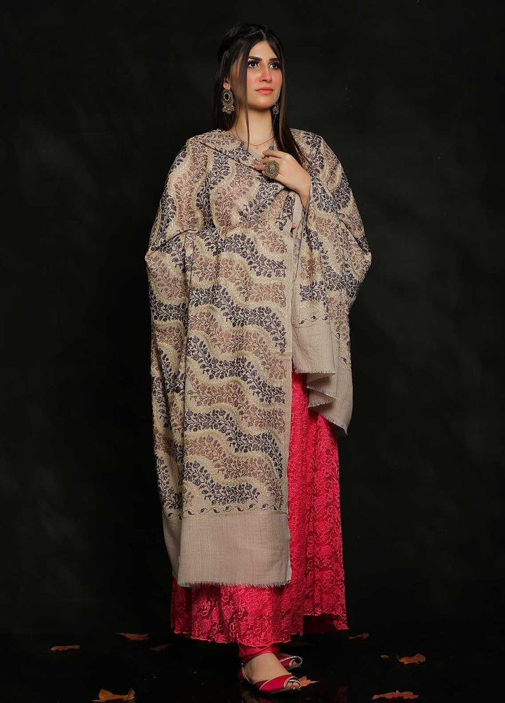 Sanaulla Exclusive Range Embroidered Pashmina  Shawl AKP-31 Fawn-3 - Pashmina Shawls