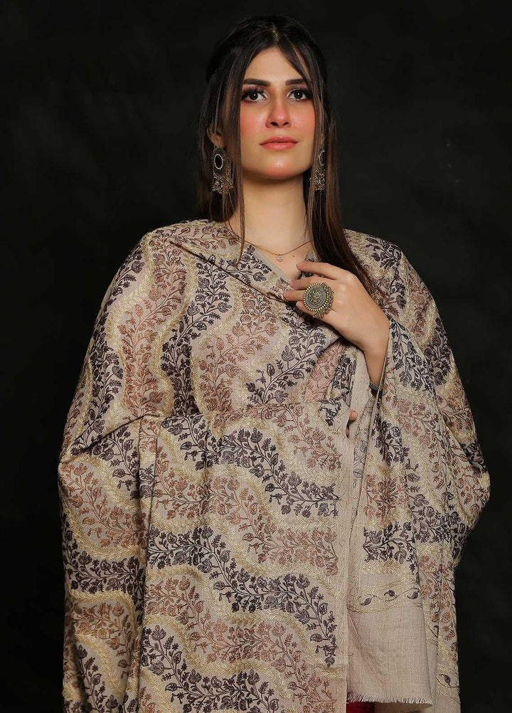 Sanaulla Exclusive Range Embroidered Pashmina  Shawl AKP-31 Fawn-3 - Pashmina Shawls