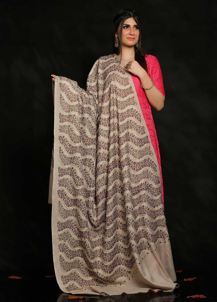 Sanaulla Exclusive Range Embroidered Pashmina  Shawl AKP-31 Fawn-4 - Pashmina Shawls